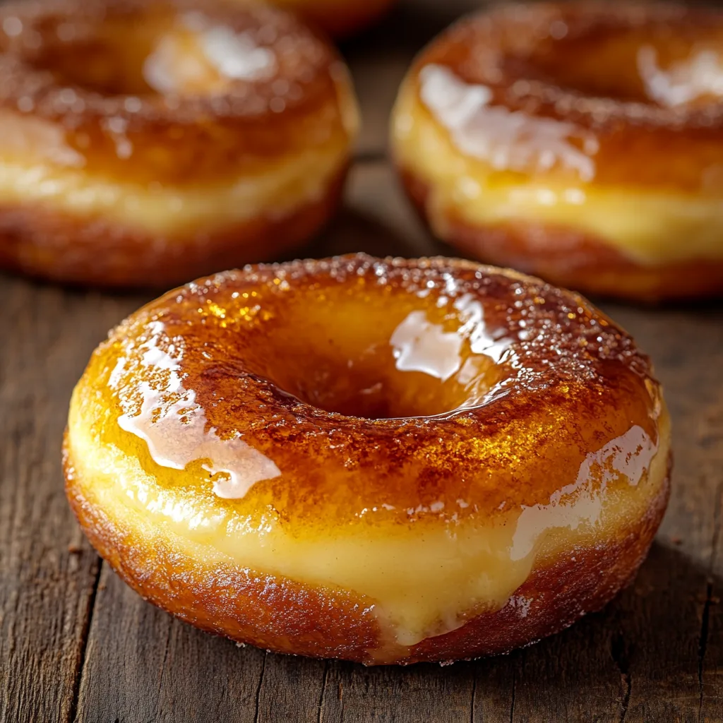 Close-up of creme brulee donuts with caramelized sugar crust and creamy custard filling