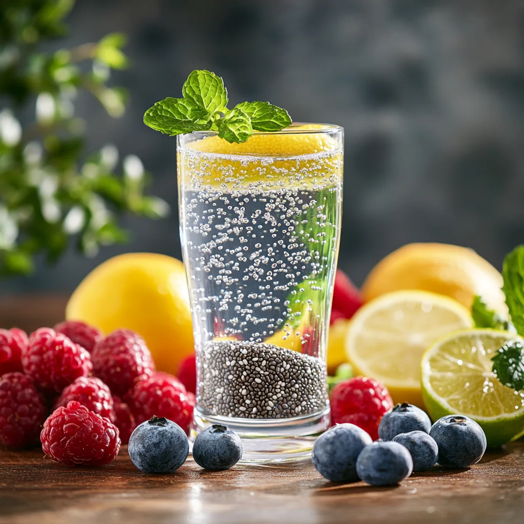 Chia seed water recipe with fresh lemon and mint leaves.