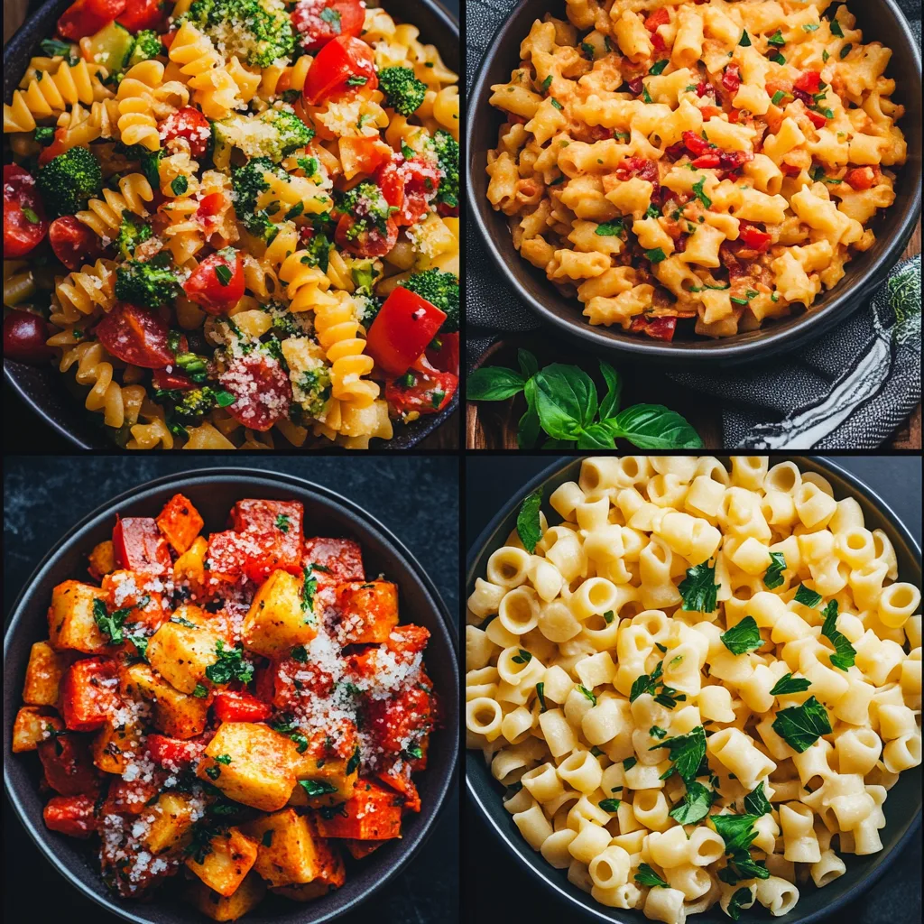 Assorted ditalini pasta dishes including a vibrant pasta salad, creamy pasta with chicken, and a hearty soup with beans.