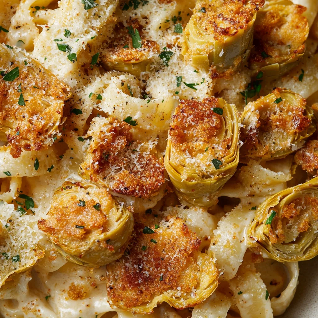 Crispy artichoke pasta garnished with fresh herbs and parmesan