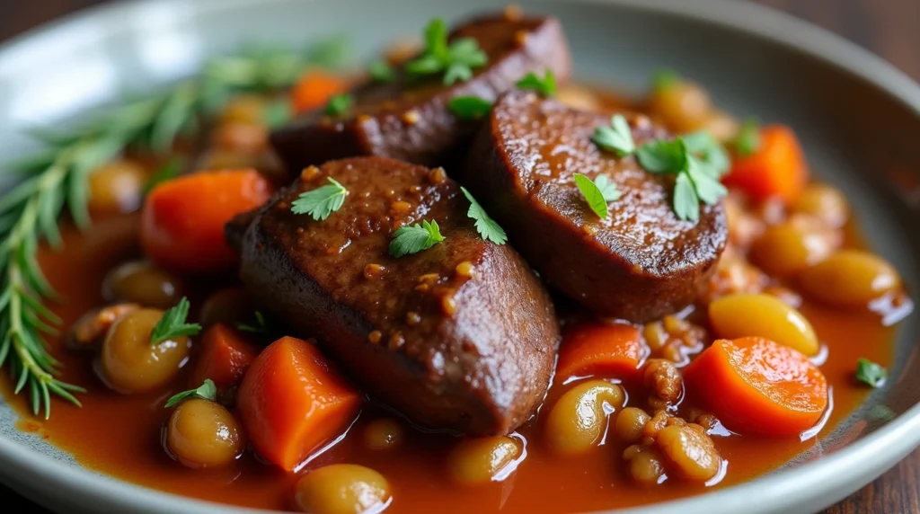 Tender beef cheek stew with vegetables, fresh herbs, and rich gravy.