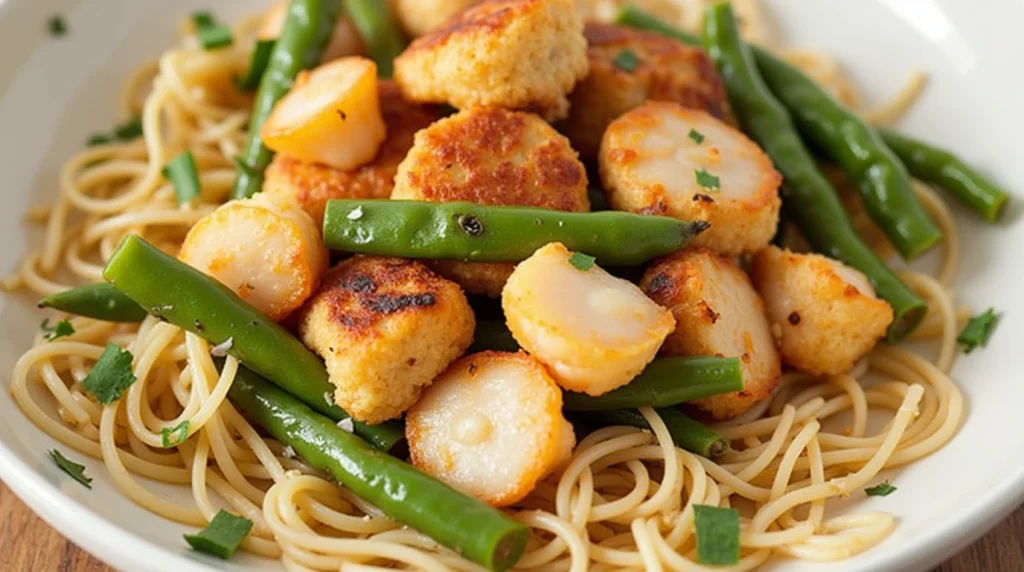 Fishcakes and scallops stir fry with colorful vegetables in a wok