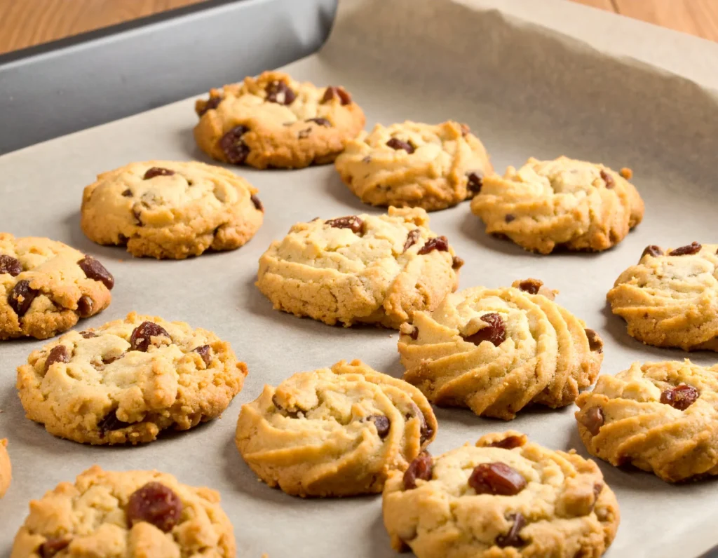 A beginner baker preparing a cookie tray filled with freshly baked cookies.