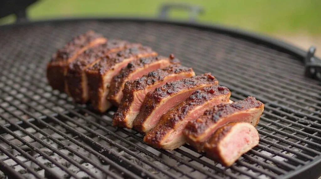 A pellet smoker cooking juicy ribs and brisket in a cozy backyard setting.