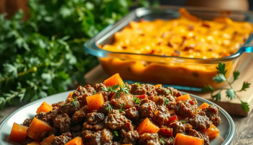 Ground beef and sweet potato bowl with avocado slices