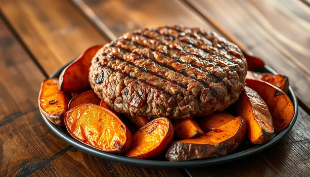 Sweet potato and ground beef hash on a ceramic plate