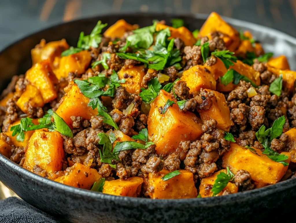 Ground beef and sweet potato skillet topped with herbs