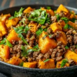 Ground beef and sweet potato skillet topped with herbs
