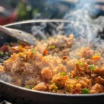 Blackstone chicken fried rice cooking outdoors