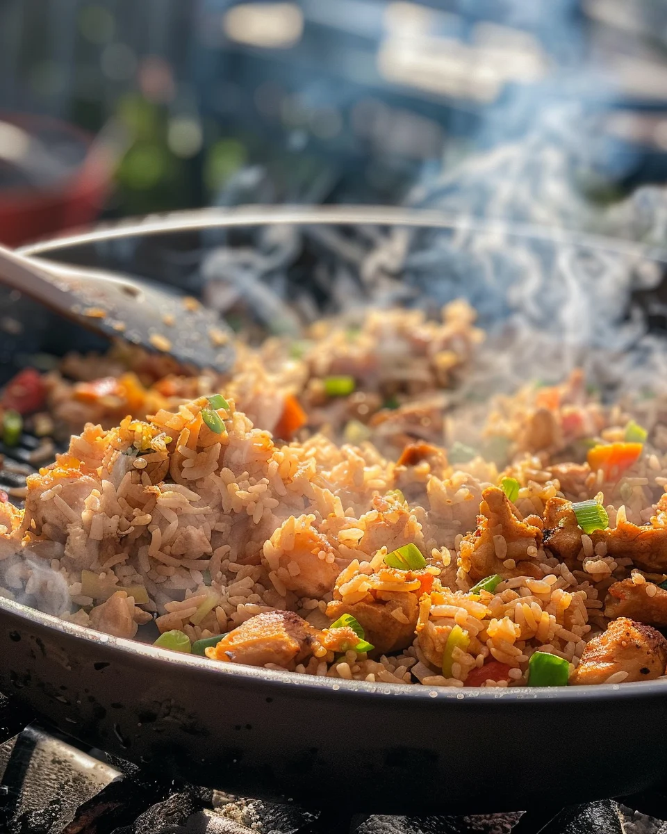 Blackstone chicken fried rice cooking outdoors