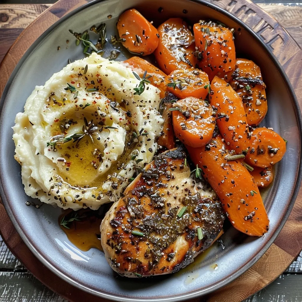 Garlic Herb Chicken with Creamy Mash & Roasted Carrots