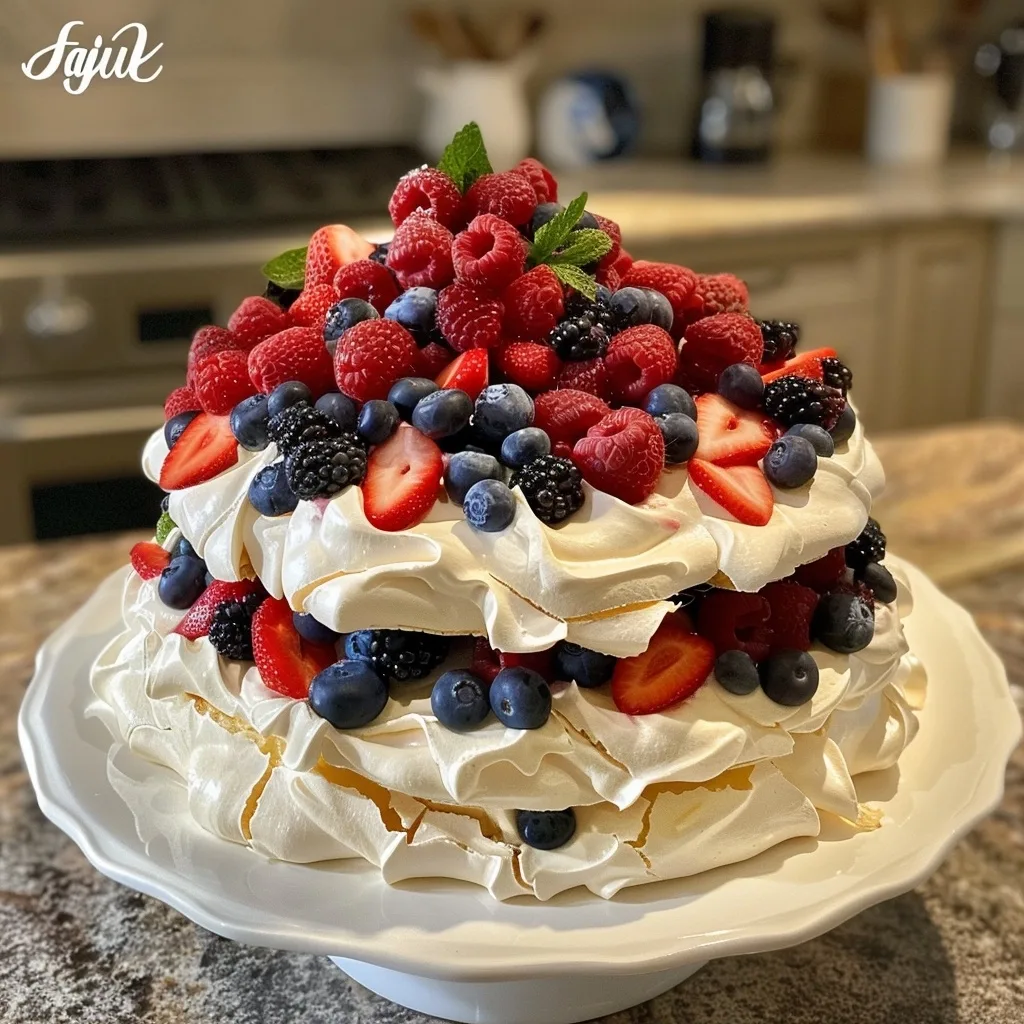 Double Stacked Pavlova Cake with Fresh Mixed Berries